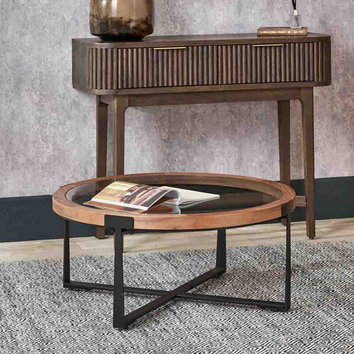 Pacific Vermont Clear Glass and Light Walnut Wood Veneer Coffee Table