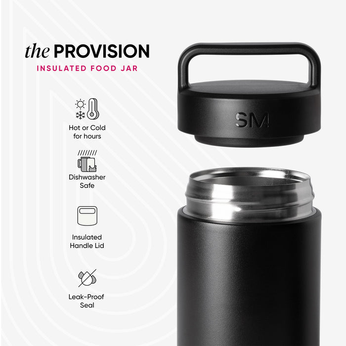 Black Simple Modern Provision insulated food jar shown closed with handle and open revealing stainless steel interior, with feature icons for hot/cold, dishwasher safe, insulated handle lid, and leak-proof seal.