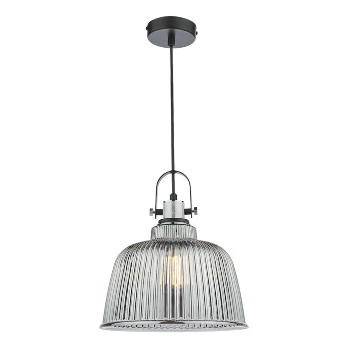 Rhode Single Large Pendant Polished Chrome Smoked Glass<br>Smoked Ribbed Glass