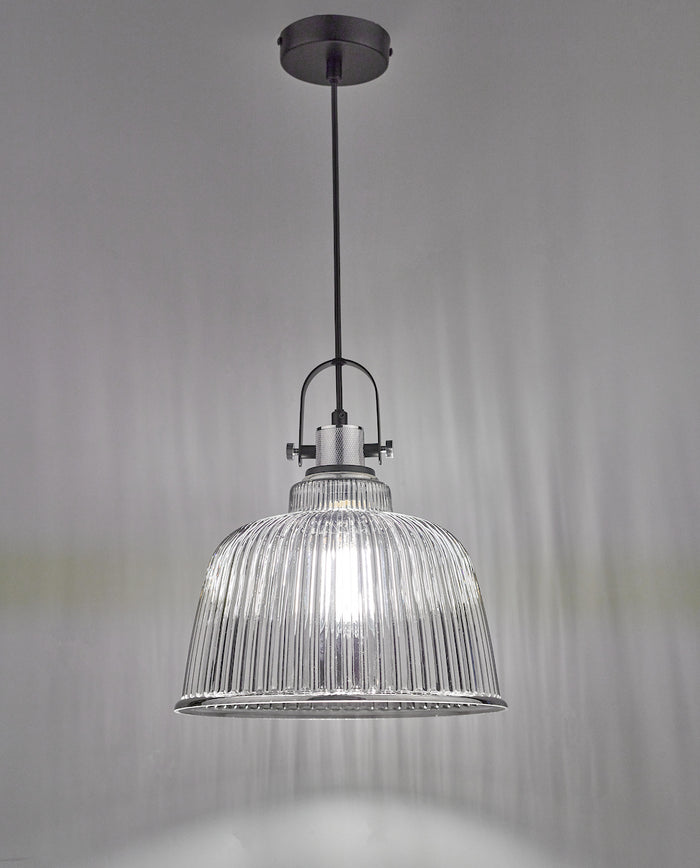Rhode Single Large Pendant Polished Chrome Smoked Glass<br>Smoked Ribbed Glass
