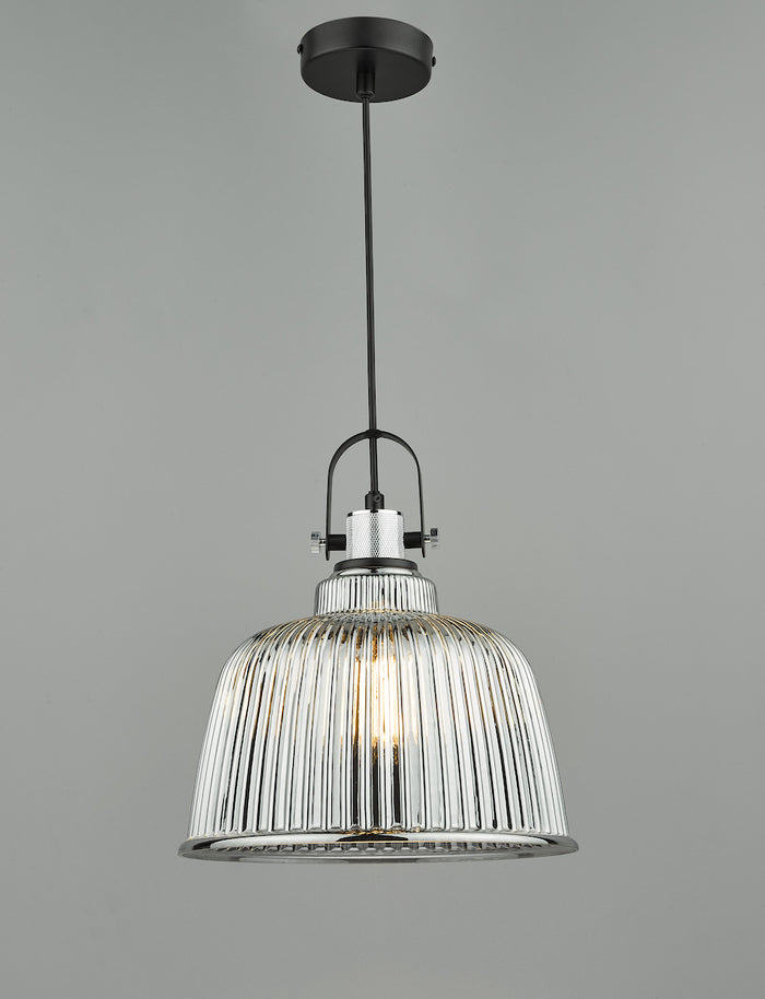 Rhode Single Large Pendant Polished Chrome Smoked Glass<br>Smoked Ribbed Glass