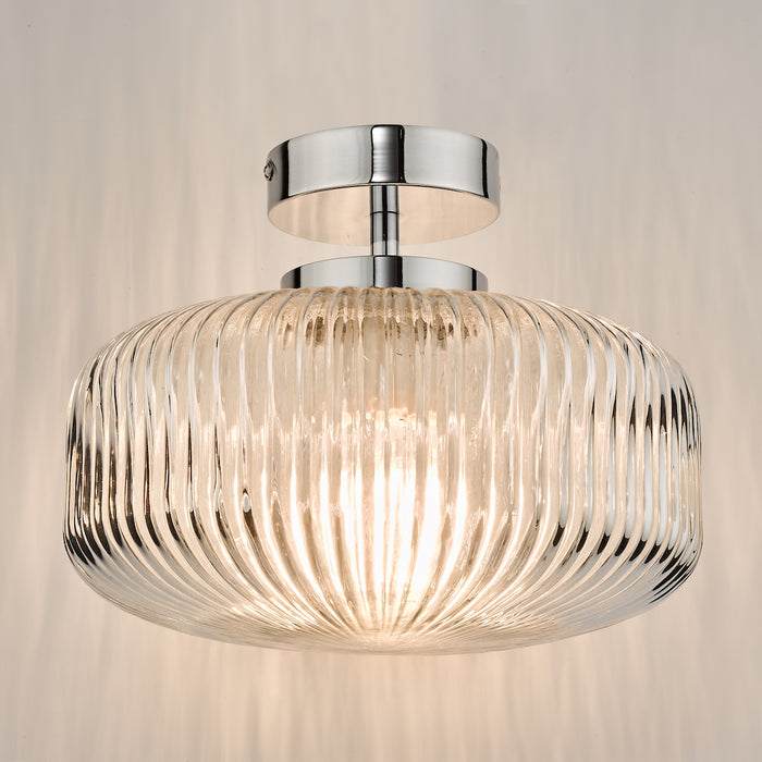 Riva Bathroom Semi Flush Ceiling Light Ribbed Glass Polished Chrome IP44<br>Ribbed Glass