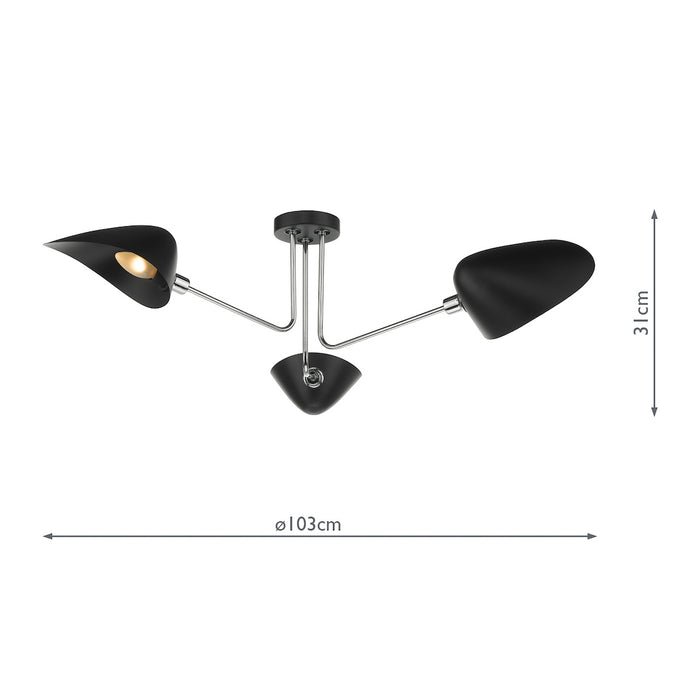 Sebastian 3 Light Semi Flush Matt Black Polished Chrome<br>Matt Black