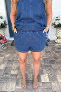 Solid Elastic Waist Denim Shorts