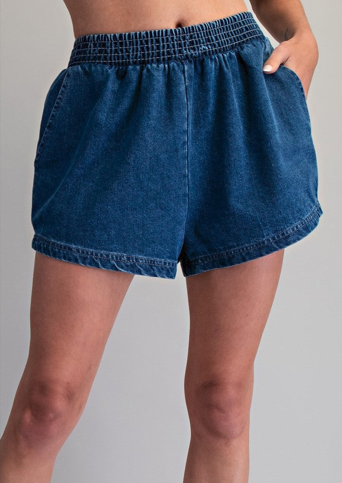 Solid Elastic Waist Denim Shorts