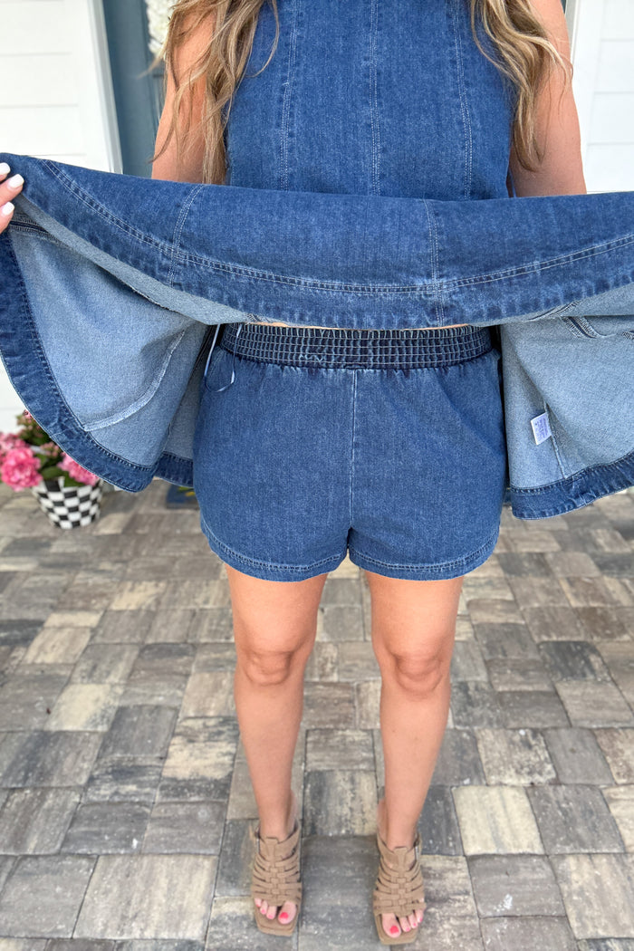 Solid Elastic Waist Denim Shorts - B Social Boutique