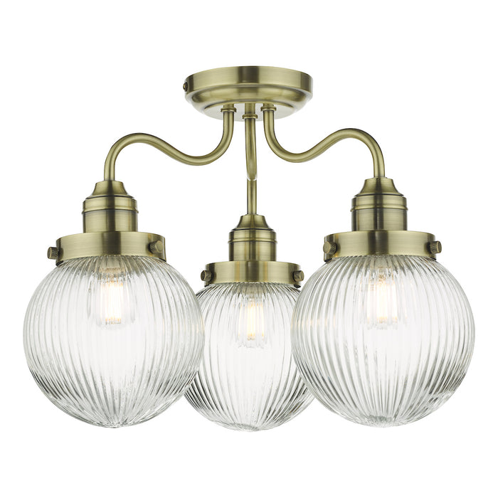 Tamara 3 Light Bathroom Semi Flush Antique Brass Ribbed Glass IP44<br>Antique Brass