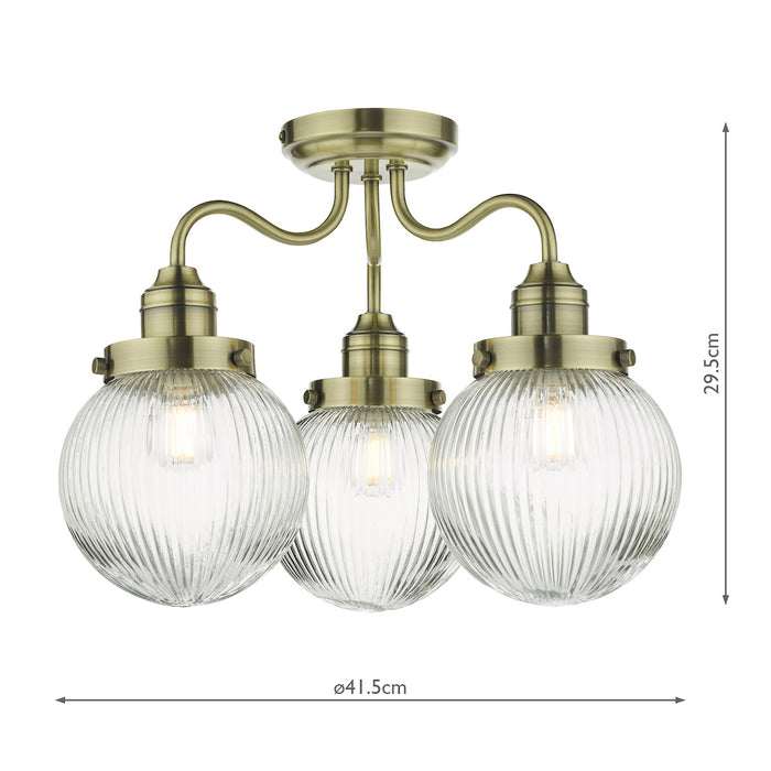 Tamara 3 Light Bathroom Semi Flush Antique Brass Ribbed Glass IP44<br>Antique Brass