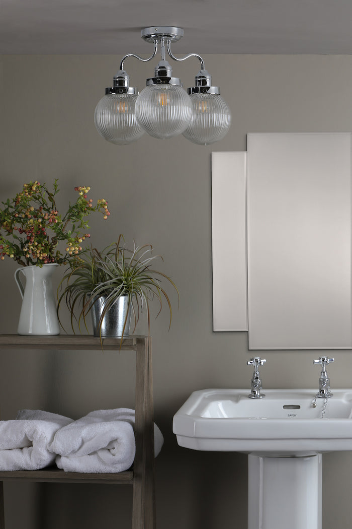 Tamara 3 Light Bathroom Semi Flush Polished Chrome Ribbed Glass IP44<br>Polished Chrome