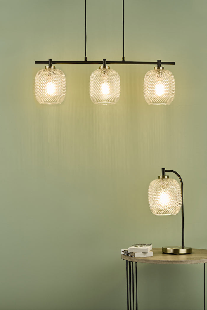 Tehya 3 Light Bar Pendant Matt Black Textured Glass<br>Matt Black