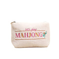 Cream teddy pouch with colorful embroidered 'Let's Play Mahjong' text and floral design