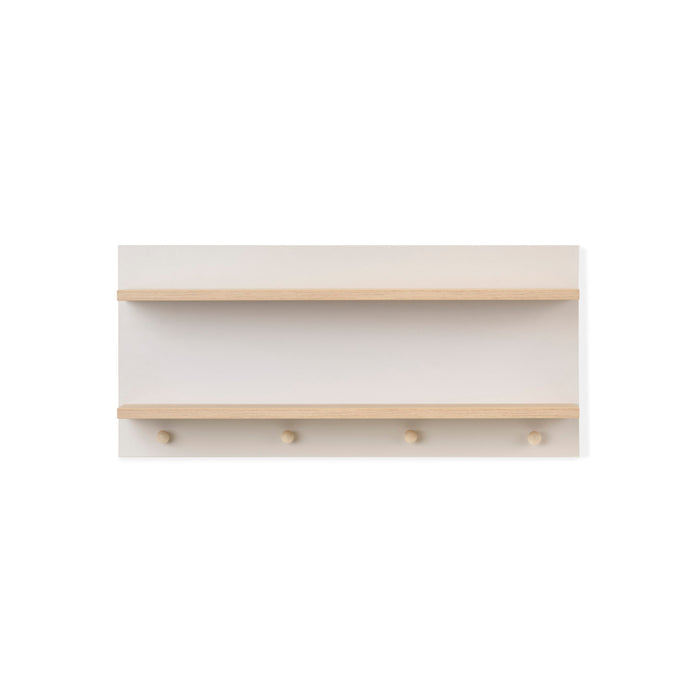 Wall-mounted shelf with wooden hooks on a white background