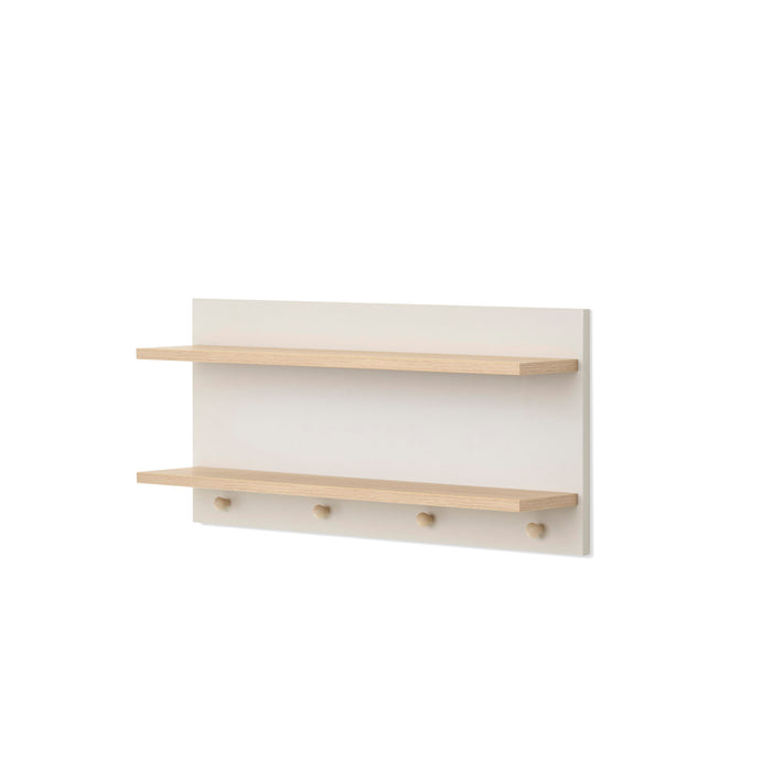Wall-mounted shelf with two shelves and three hooks on a white background