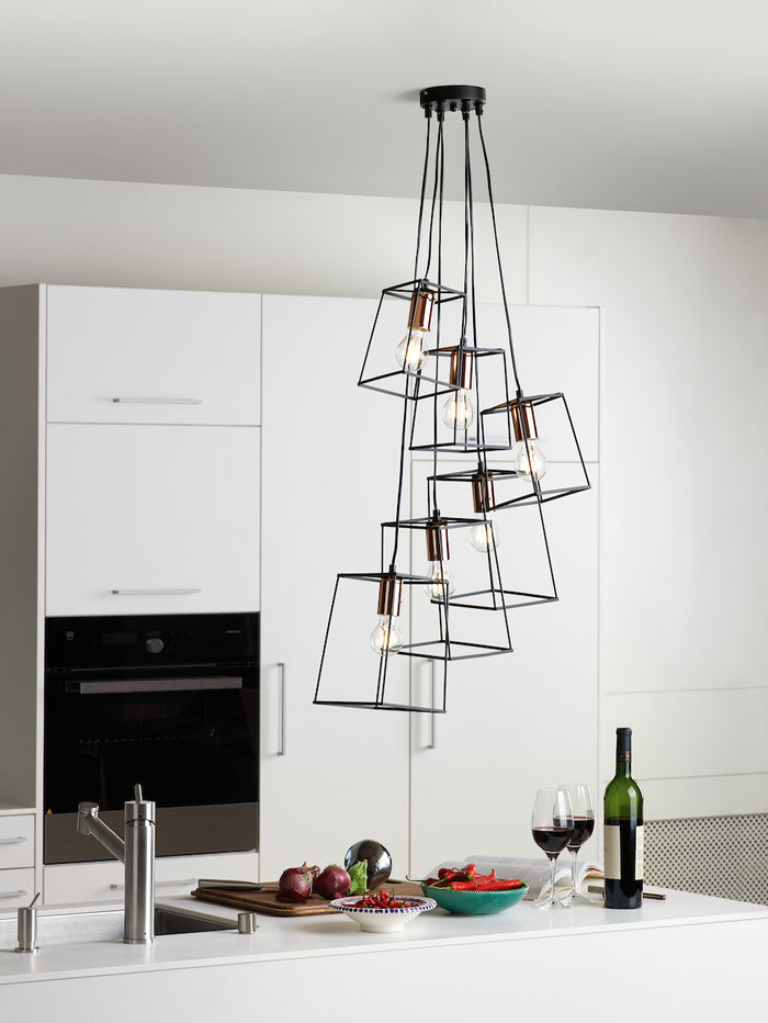 Tower 6 Light Cluster Pendant Matt Black & Copper<br>Matt Black