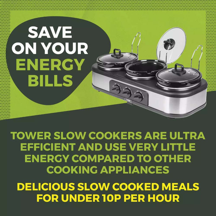 Tower T16015 Three Pot Slow Cooker 4.5L with Independent Temperature Controls - Stainless Steel