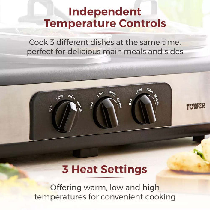 Tower T16015 Three Pot Slow Cooker 4.5L with Independent Temperature Controls - Stainless Steel