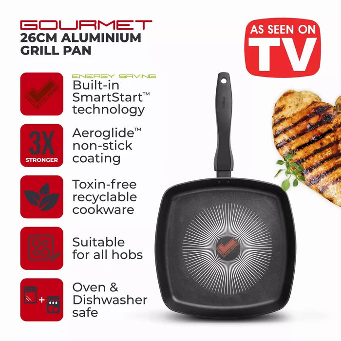 Tower T700317 SmartStart Gourmet 26cm Aluminium Grill Pan   Induction Compatible -  Oven Safe -  Black