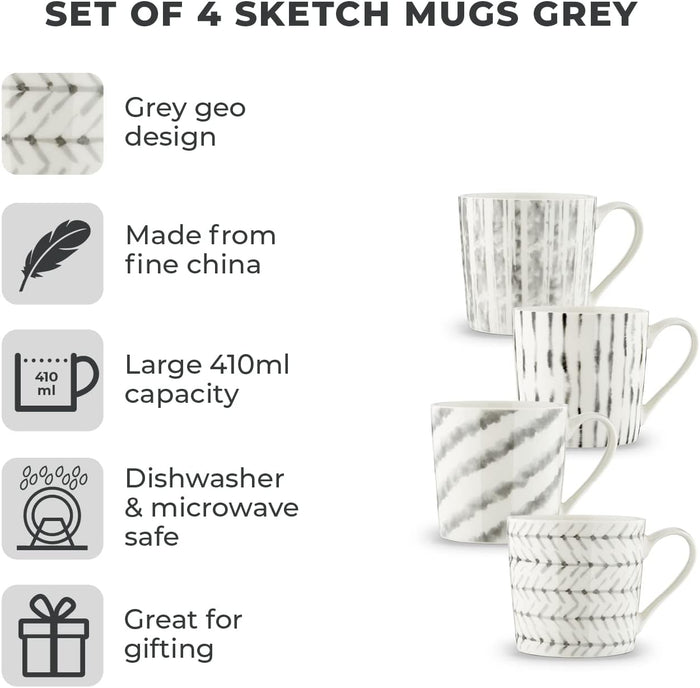 Tower T874004 Set of 4 Sketch Mugs, Tea, Coffee, Grey