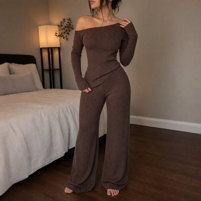 Veloura – Off-Shoulder Long-Sleeve Wide-Leg Pants Set