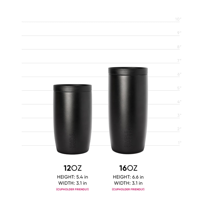 Two matte black cylindrical containers with measurement markings displayed side by side for size comparison and reference.