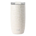 White textured tumbler with light cream lid and translucent smoke-gray flip-top closure