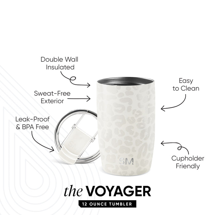 Simple Modern Voyager 12 oz tumbler in cream with leopard print pattern, shown with matching clear lid and metal ring. Features double wall insulation, sweat-free exterior, and leak-proof design.