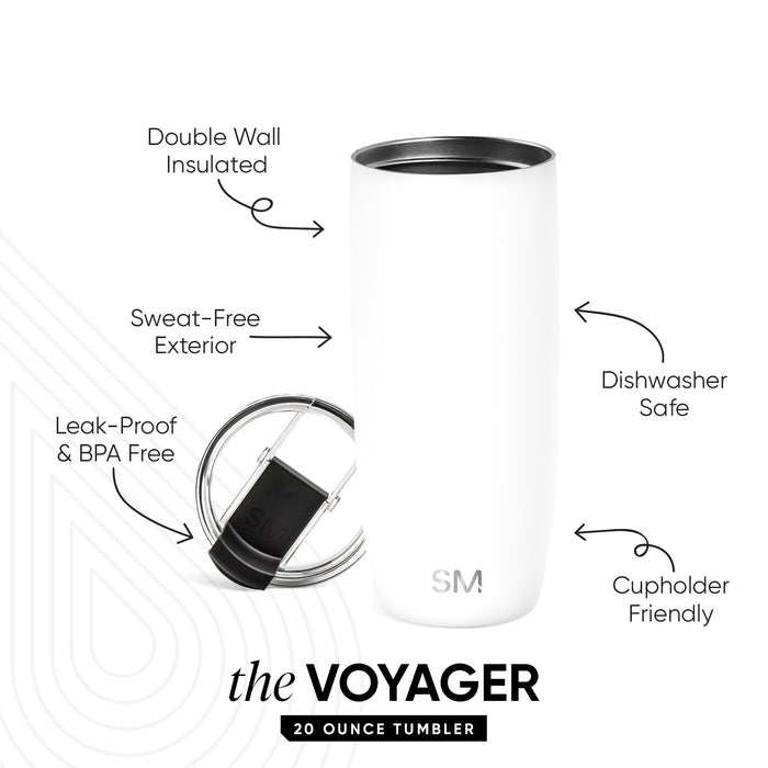 White 20 ounce insulated tumbler with black lid rim and grip band, shown with feature callouts including double wall insulation, sweat-free exterior, leak-proof design, dishwasher safe, and cupholder friendly. Inset detail